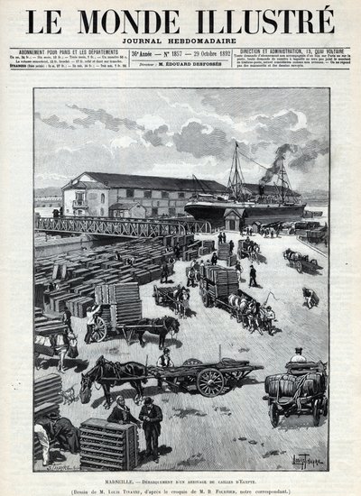 Maritim handel: bjeffing av en ankomst av vaktel fra Egypt i havnen i Marseille. En avis. Gravering i “Le monde illustree”” fra 1892. Privat samling. av Anonymous Anonymous