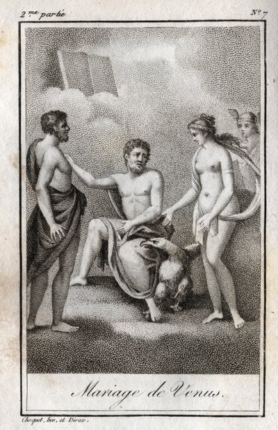 Ekteskap mellom Mars og Venus. Gravering fra 1819 i «Lettres a Emilie sur la mythologie» av Charles Albert Demoustier (1760-1801). Privat samling. av Anonymous Anonymous