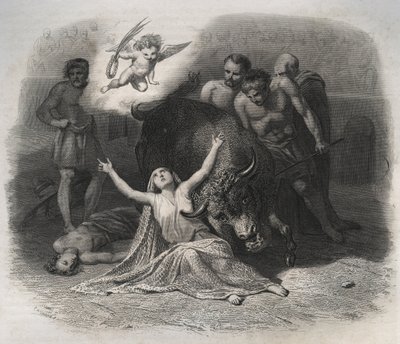 Martyrdøden til Saint Blandine av Lyon og Ponticus i arenaen i 177 under forfølgelsene av de første kristne. Gravering fra 1846 i "" Lives of the saints"". Privat samling. av Anonymous Anonymous