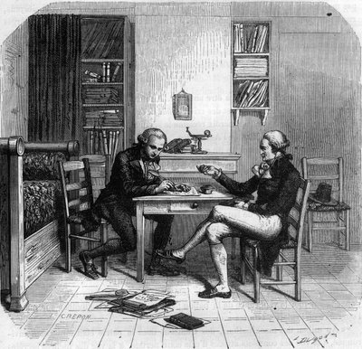 Maximilien de Robespierre 1758-1794, fransk politiker, medlem av komiteen for offentlig sikkerhet med Maurice Duplay på rommet hans - Chambre de Maximilien de Robespierre chez Maurice Duplay (1736-1820) rue Saint-Honore a Paris - Gravering i "Histoire av Anonymous Anonymous