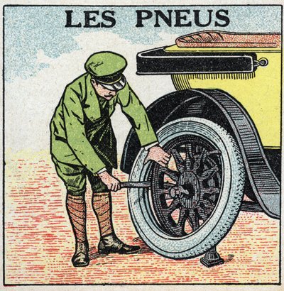 Mekanisk trekkraft: dekkene til en bil. Anonym illustrasjon fra 1925. Privat samling. av Anonymous Anonymous