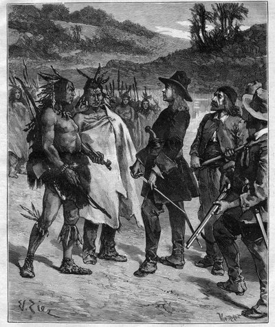 Møte av Robert Cavelier de La Salle (1643-1687) med indianerne i Amerika nær Lake Peoria gravering i "Journal des voyages"" fra 1889 av Anonymous Anonymous