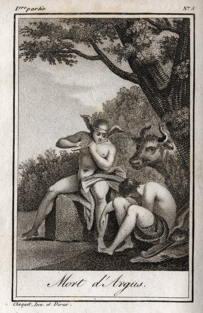 Mercury and Argus (Mercury and Argus). Death of Argus: Mercury spilt av fløyte for å sovne Argus og befri nymfen Io, forvandlet til en ku. Gravering fra 1819 i «Lettres a Emilie sur la mythologie» av Charles Albert Demoustier (1760-1801). av Anonymous Anonymous