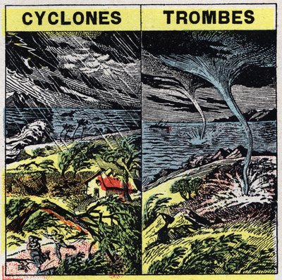 Meteorologi: sykloner og trunker (tornadoer). Anonym illustrasjon av 1925. Privat samling. av Anonymous Anonymous