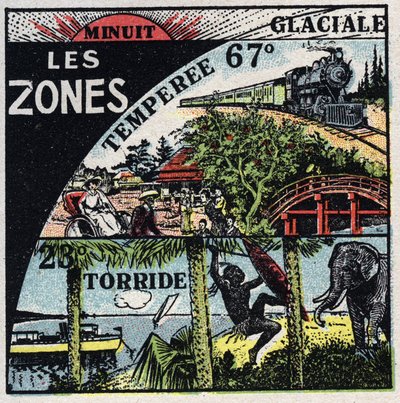 Meteorology: distribution of heat on earth and different climates (hot, temperate, polar zones).Anonymous illustration of 1925. Private collection. av Anonymous Anonymous