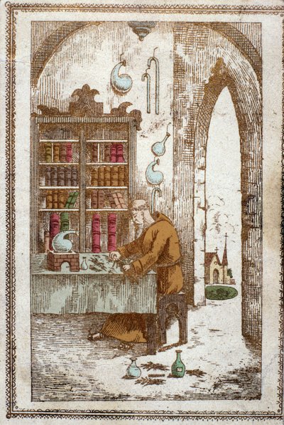 Munk forbereder planter for destillasjon. 1800-talls gravering. av Anonymous Anonymous