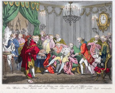 Mort de Gustave III de Suede (1746-1792) - Mordet på kong Gustav III 16. mars 1792 - Anonym - 1792 - Etsning, akvarell - 33,5x46,3 - Privat samling av Anonymous Anonymous