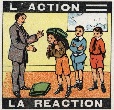 Movements: action, reaction. A boy wearing his bag. Anonymous illustration from 1925. Private collection. av Anonymous Anonymous
