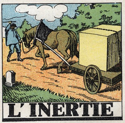 Bevegelser: treghet. En vognmann gir piskeslag for å flytte hesten sin fremover. Anonym illustrasjon fra 1925. Privat samling. av Anonymous Anonymous