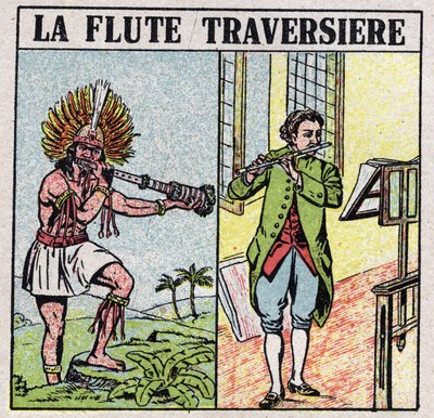 Musical instruments: wind instruments. Cross flute players, in the time of the Incas and has a more recent era. Anonymous illustration from 1925. Private collection. av Anonymous Anonymous