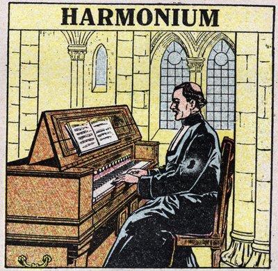 Musikkinstrumenter: blåseinstrumenter ved hoften. Harmoniumspiller i en kirke. Anonym illustrasjon fra 1925. Privat samling. av Anonymous Anonymous