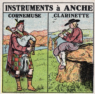 Musikkinstrumenter: blåseinstrumenter ved hoften. Pipe- og klarinettspillere. Anonym illustrasjon fra 1925. Privat samling. av Anonymous Anonymous
