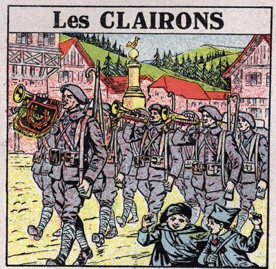 Musikkinstrumenter: blåseinstrumenter med krukkemunn. Bugle-spillere under et militærløp. Anonym illustrasjon fra 1925. Privat samling. av Anonymous Anonymous
