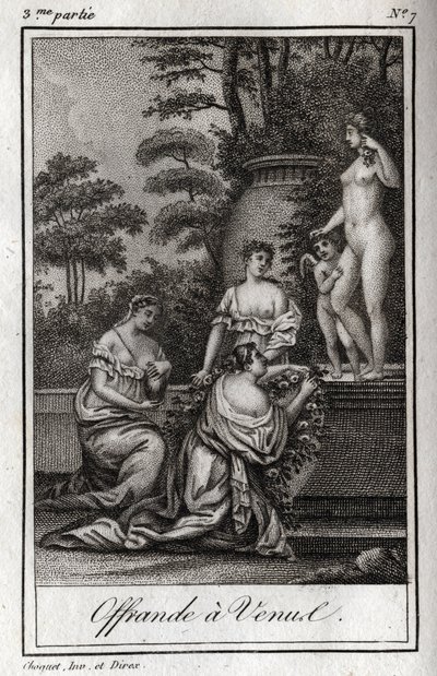 Tilbud til Venus. Små kjærligheter (angelots) samles for å hylle gudinnen Afrodite. Gravering fra 1819 i «Lettres a Emilie sur la mythologie» av Charles Albert Demoustier (1760-1801). Privat samling. av Anonymous Anonymous
