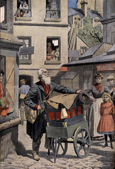 Old metiers: the barbarous organ player in the streets of Paris. Engraving in the headline of the Petity Journal, 26/04/1908. Private collection. av Anonymous Anonymous