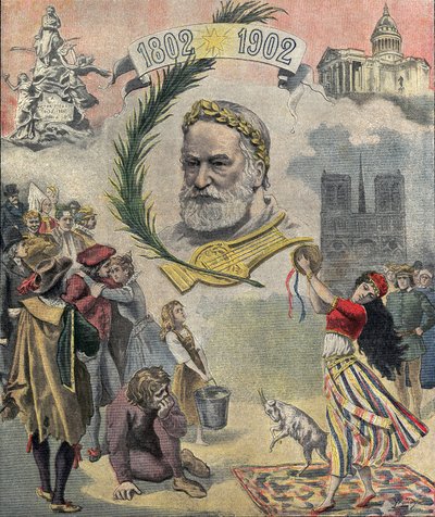 One of “Le petit journal”” paying homage to the French poet and writer Victor Hugo (1802-1885) on the centenary of his birth. The characters of his novels are represented (Esmeralda, Quasimodo, Cosette). 02/03/1902 Private collection av Anonymous Anonymous