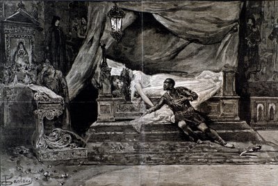 Otello dreper seg i nærheten av kroppen til Desdemona. Illustrasjon av den siste scenen til Otello, opera av Giuseppe Verdi av Anonymous Anonymous