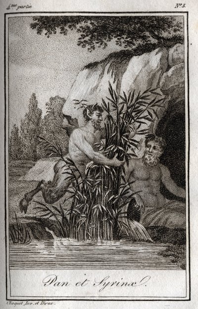Pan and the nymph Syrinx transformed into reeds (Pan and Nymph Syrinx). Engraving from 1819 in “Lettres a Emilie sur la mythologie” by Charles Albert Demoustier (1760-1801). Private collection. av Anonymous Anonymous