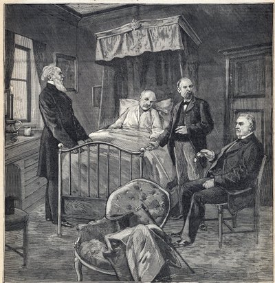 Panamaskandale (Panama-saken): The Chamber of Cornelius Herz (1845-1898) Fransk-amerikansk lege og forretningsmann i Bournemouth: besøk av Dr. Jean Martin Charcot (1825-1893), klinisk lege og nevrolog, og Paul Brouardel (1837- 1906) - Inngravering av Anonymous Anonymous