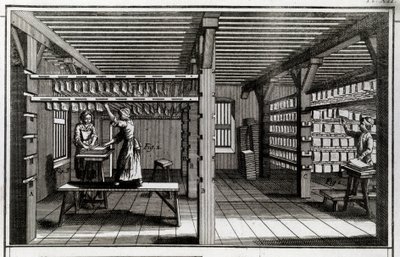 Papirfabrikk: tørkestadiet. 1700-talls gravering. Privat samling av Anonymous Anonymous