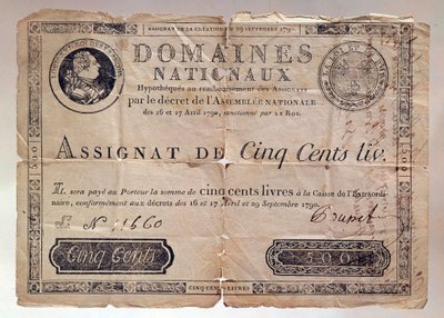 Papir utgitt under den franske revolusjonen: et oppdrag på 500 pund fra 1790. Privat samling av Anonymous Anonymous