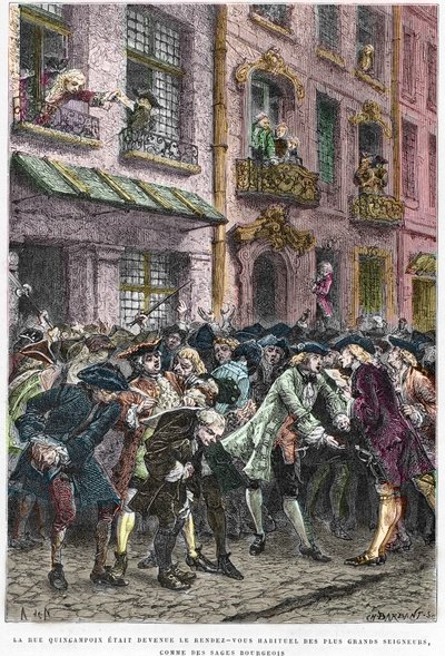 Paris IV arrondissement - Rue Quincampoix i 1720 under John Laws system (1671 - 1729) - "" Oppstyret på rue Quincampoix"" (konkurs forårsaket av lov) - Utsikt over rue Quincampoix med spekulantene på tidspunktet for systemet til John Law, av Anonymous Anonymous