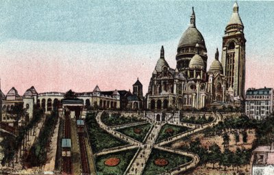 Paris: taubanen og basilikaen Sacre Coeur (Sacre-Coeur) på Butte Montmartre. Fotografi av 1920 i "" Artistic Album "" av byen Paris. Privat samling. av Anonymous Anonymous