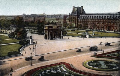 Paris: panorama av Tuileries (hage og palass) og Arc de Triomphe du Carrousel. Fotografi av 1920 i "" Artistic Album "" av byen Paris. Privat samling. av Anonymous Anonymous