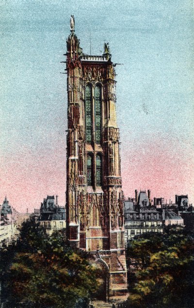 Paris: Saint Jacques Tower (Saint-Jacques) realisert i 1523. Fotografi av 1920 i "" Artistic Album"" av byen Paris. Privat samling. av Anonymous Anonymous