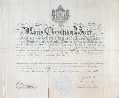 Pass fra kongen av Danmark Christian VIII er fra 1845. av Anonymous Anonymous