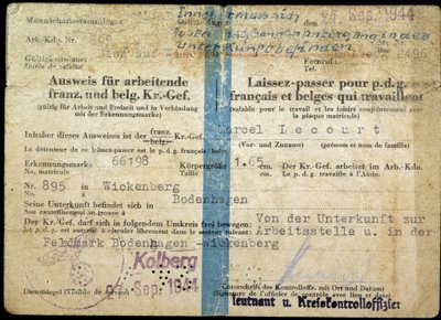 Pass fra andre verdenskrig, "Pass" for fransk og belgisk administrerende direktør som jobber, 25/9/1944. av Anonymous Anonymous