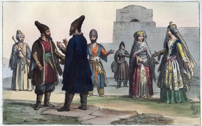 Persiske klær på 1800-tallet - gravering fra "" Bruk og skikker til alle folkeslag i universet. Det vil si historien om regjeringen, lovene, militsen, om religionen til alle nasjoner fra de fjerneste tider til i dag "1856 av Anonymous Anonymous