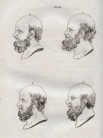 Fysiognomi - Fysiognomi - Flere overhoder av den greske filosofen Sokrates (ca. 469 f.Kr.-399 f.Kr.) (Byste av Sokrates (ca. 469 f.Kr.-399 f.Kr.), athensk filosof) gravering fra 1808 i "Kunsten å kjenne menn gjennom fysiognomi" Johann Gaspar (Gaspard) Lava av Anonymous Anonymous