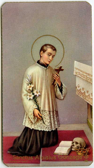 Fromt bilde: Aloysius Gonzaga tilber korset (trykk) av Anonymous Anonymous