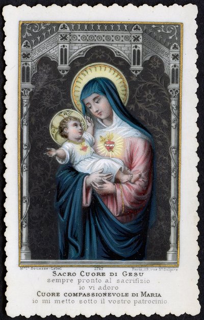 Fromt bilde: Jesus som et barn i armene til sin mor Maria, med det hellige hjerte (gravering) av Anonymous Anonymous