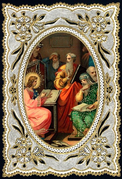 Fromt bilde: "Jesus barn med leger"". Dentelee kort. Kromolitografi fra begynnelsen av 1900-tallets privatsamling av Anonymous Anonymous