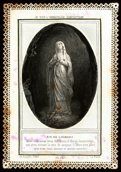 Fromme bilde: ""Vår Frue av Lourdes"" Dentelee-kort. 1800-tallet. Privat samling av Anonymous Anonymous