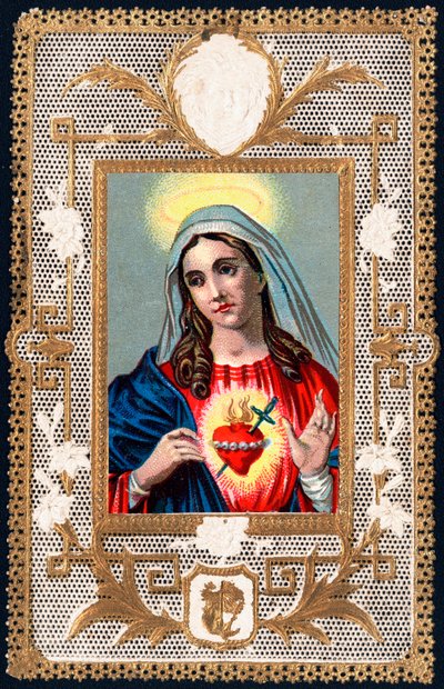 Fromt bilde: "" Virgin of Pain""" Mater dolorosa. Dentelee kort. Kromolitografi fra begynnelsen av 1900-tallets privatsamling av Anonymous Anonymous
