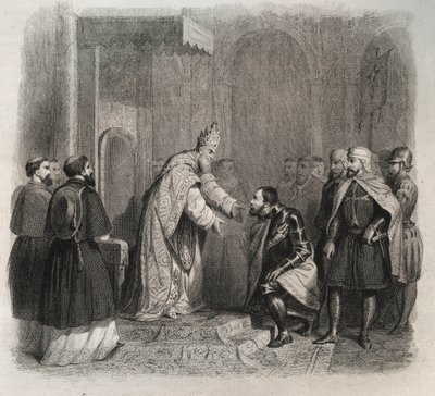 Pave St. Pius V (Pius eller Pio) (1566-1572) tar imot vinneren av slaget ved Lepante. Gravering fra 1846 i "" Lives of the saints"". Privat samling. av Anonymous Anonymous