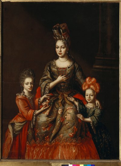 ""Portrett av Anastasia Naryshkina, hustru til guvernøren i St. Petersburg, og hennes døtre Alexandra og Tatyana"" Anonymt maleri, tidlig på 1700-tallet Dim 180x130,8 cm Tretyakov-galleriet, Moskva av Anonymous Anonymous