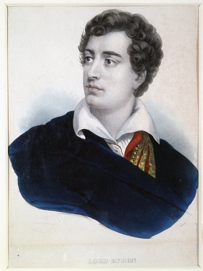 Portrett av poeten Lord George Noel Byron (1788-1824) (Portrett av poeten Lord G.N.Byron). Anonym litografi, forsterket med akvarell, tidlig på 1800-tallet. Engelsk kunst, romantikk. A. Pushkin Memorial Museum, St. Petersburg. av Anonymous Anonymous