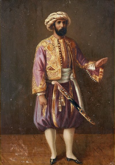 ""Portrett av kongen av Sverige Karl XV (1826-1872) i tyrkisk drakt"" (Portrett av kong Karl XV av Sverige i tyrkisk kjole) Anonymt maleri 1800-tallet Dim 28,5x20,5 cm Privat samling av Anonymous Anonymous