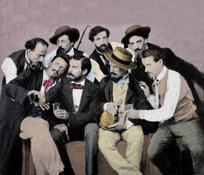 Portrettgruppe av kunstnere (Macchiaioli) i Firenze: blant dem øverst fra venstre til høyre Gaetano Bianchi, Cristiano Banti, Vito d