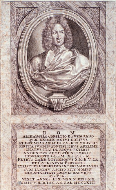 Portrett av Arcangelo Corelli (1653-1713), italiensk komponist og fiolinist, gravering. Milanesisk privatsamling fra 1700-tallet av Anonymous Anonymous