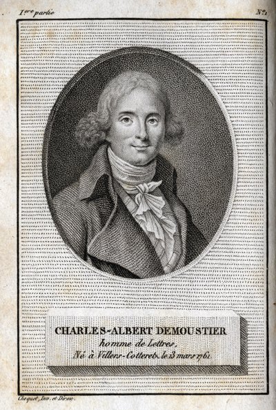 Portrait of Charles Albert Demoustier (1760-1801) French writer. Engraving from 1819 in “Lettres a Emilie sur la mythologie” by Charles Albert Demoustier (1760-1801). Private collection. av Anonymous Anonymous