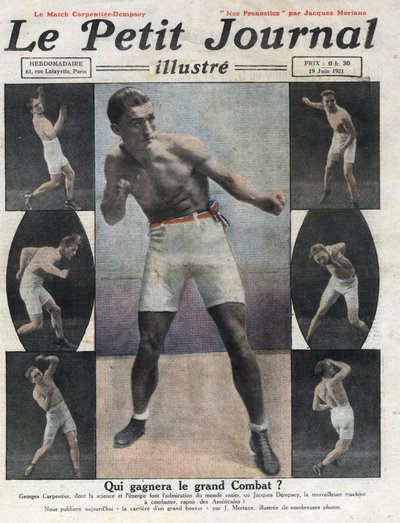 Portrett av den franske bokseren Georges Carpentier som skal kjempe mot den amerikanske bokseren Jack Dempsey om tittelen verdensmester. Illustrasjon hentet fra "" Le petit journal illustrious""" av 19.06.1921. Privat samling av Anonymous Anonymous