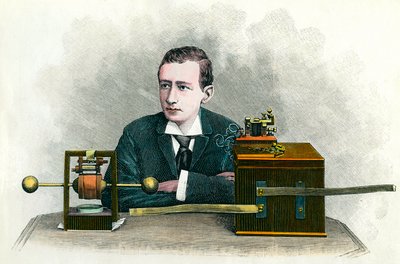 Portrett av Guglielmo Marconi (1874-1937), italiensk fysiker, oppfinner av telegrafen. Gravering rundt 1900 Privat samling av Anonymous Anonymous
