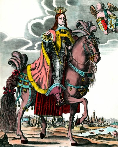 Portrett av Leopold I, den hellige romerske keiser - Rytterportrett av Leopold I (1640 - 1705) Konge av Ungarn, Böhmen, Dalmatia, Kroatia og germansk keiser. Gravering fra 1600-tallet. Privat samling. av Anonymous Anonymous