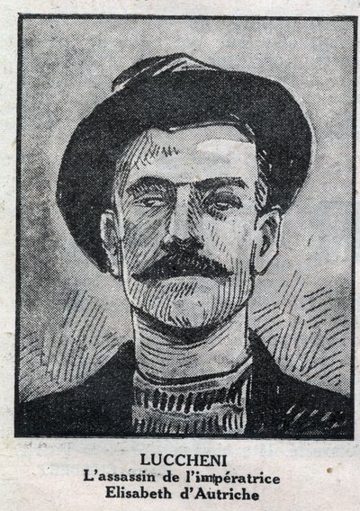 Portrett av Luigi Lucheni (1873-1910), italiensk anarkist, leiemorder i 1898 av Elisabeth de Wittelsbach, en keiserinne av Østerrike kjent som Sissi. Gravering i "" L'illustrious du petit journal"" av Anonymous Anonymous