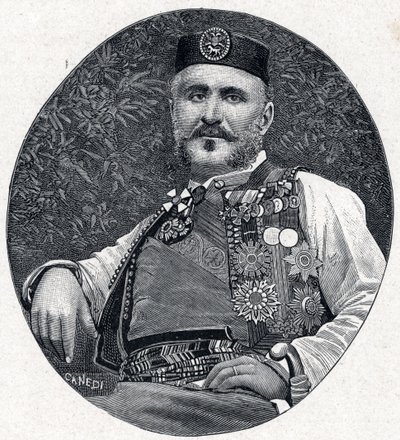 Portrett av Nicholas I av Montenegro (Nikola I Petrovic-Njegos) (Petrovic Njegos) (1841-1921), prinsen av Montenegro og Berda. Gravering i «Les Missions Catholiques au XIXeme Siecle»» av Louis-Eugene (Louis Eugene) Louvet. privat samling. av Anonymous Anonymous